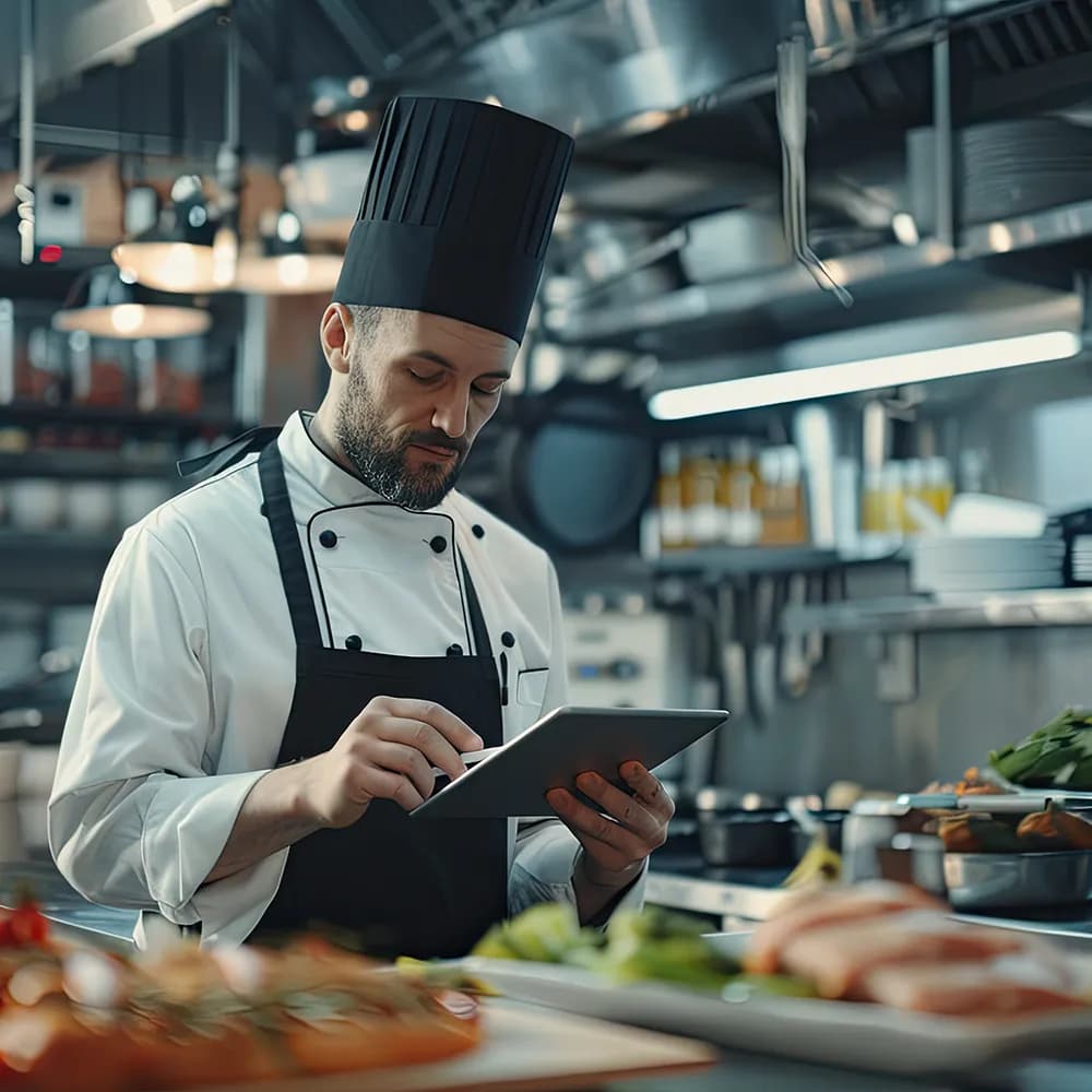 Chef using tab in kitchen