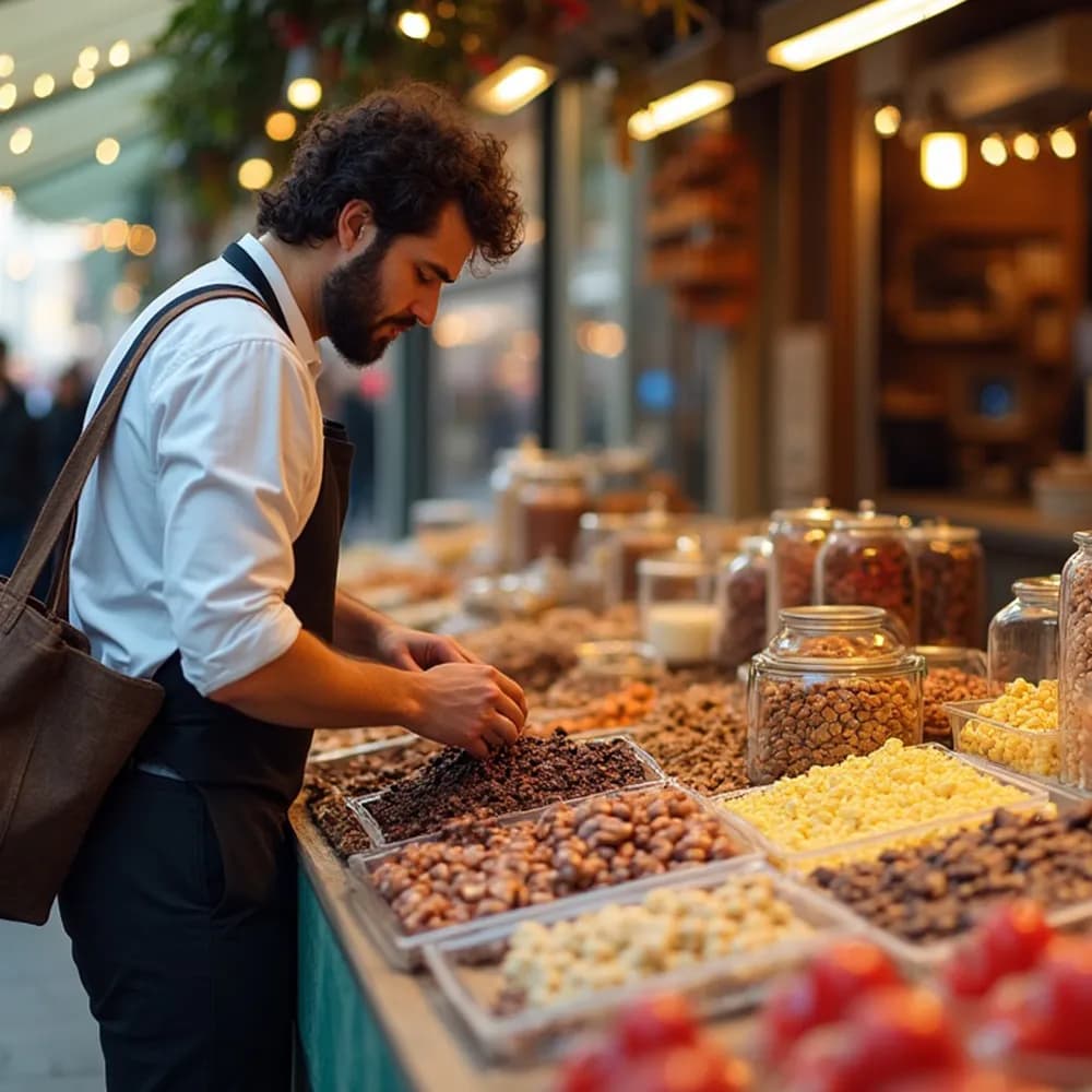 Man buying ingredients for chocolate and coffee
