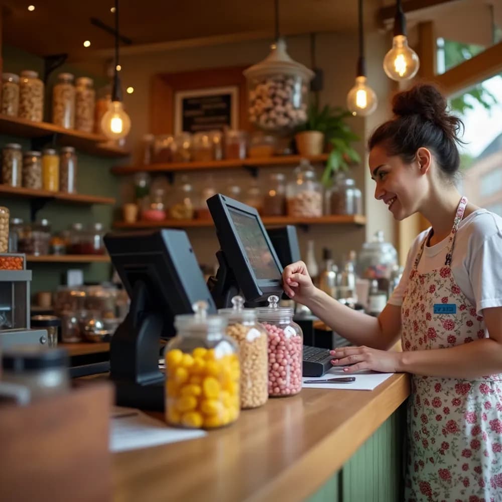 Waiter working on POS in sweet shop