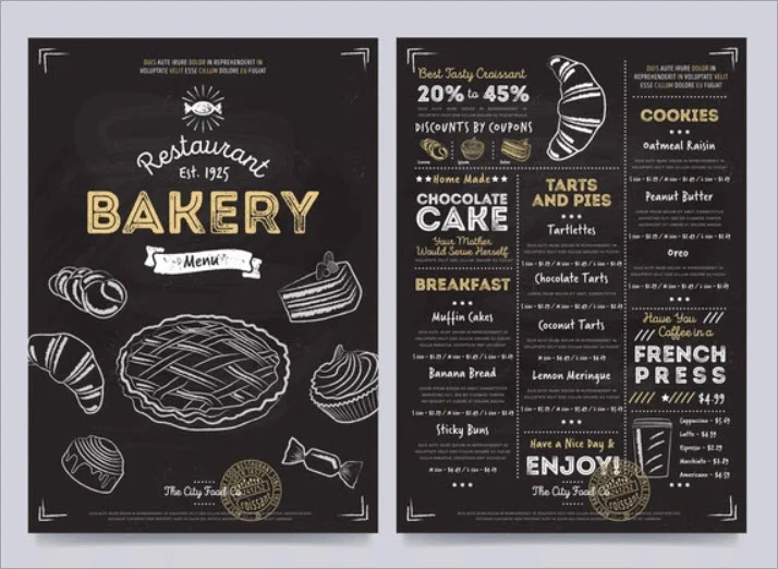Booklet-style menu of a bakery