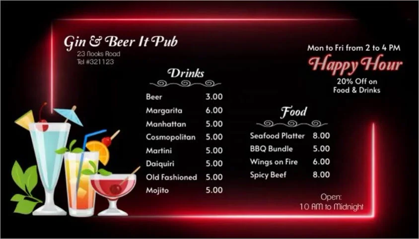 Digital display menu of a bar