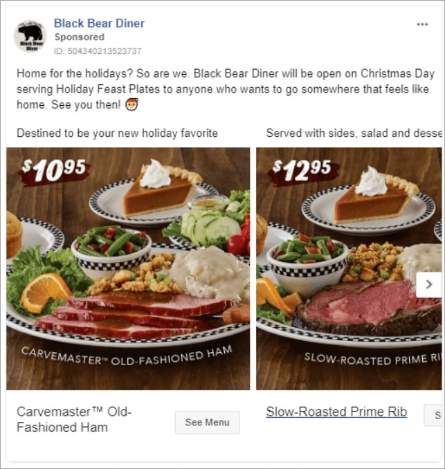 An example of an in-feed ad featuring a restaurant meal.
