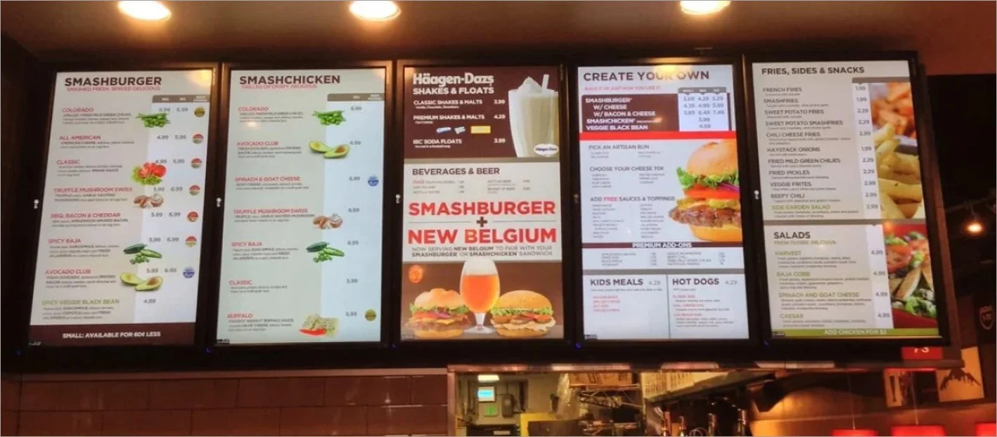 A digital menu in a restaurant where customers are able to see different foods that are available.