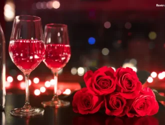 A table with 2 wine glasses and roses