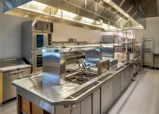 Shows a virtual kitchen