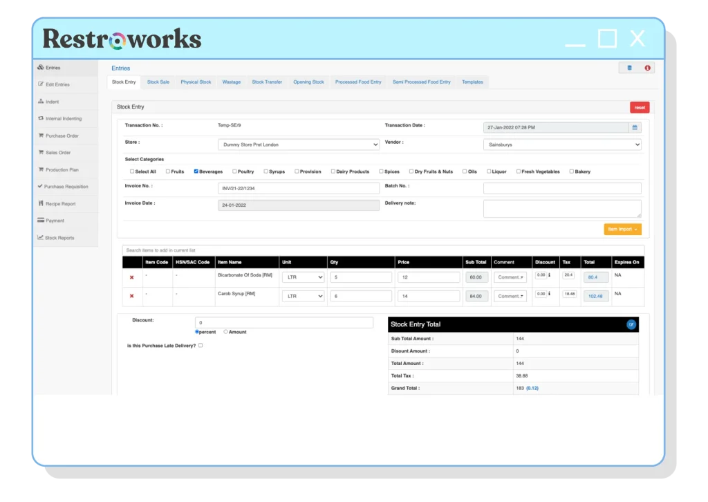 عرض شاشة إدخال مخزون Restroworks